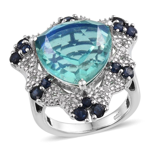 Peacock Quartz (Trl 8.75 Ct), Kanchanaburi Blue Sapphire and Diamond Ring in Platinum Overlay Sterli