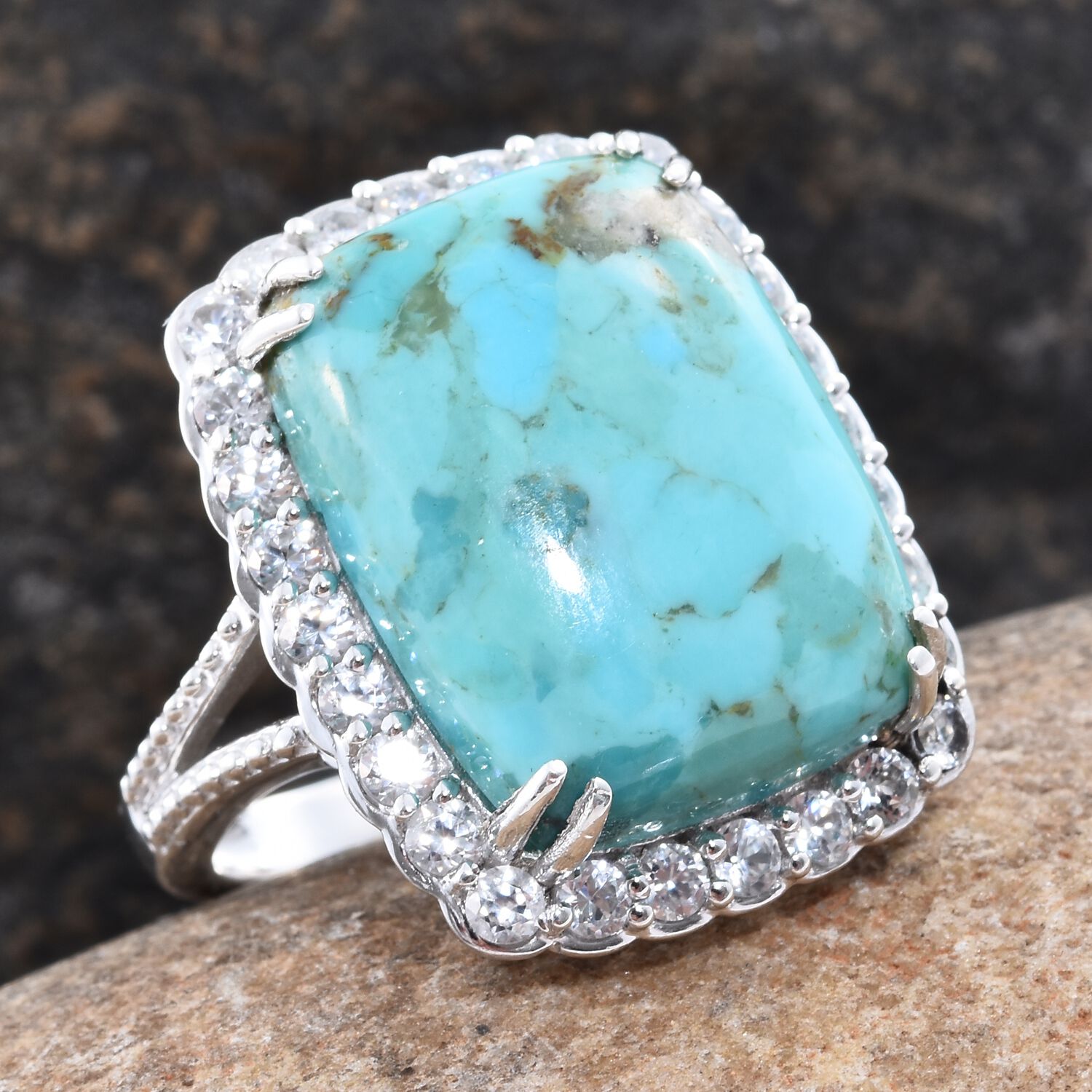 Arizona Matrix Turquoise (Cush 13.30 Ct), Natural Cambodian Zircon Ring in Platinum Overlay Sterling Silver 15.500 Ct.