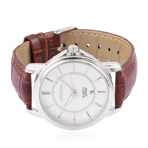 STRADA Japanese Movement White Dial Watch in Silver Tone with Stainless Steel Back and Chocolate Colour Genuine Leather Strap