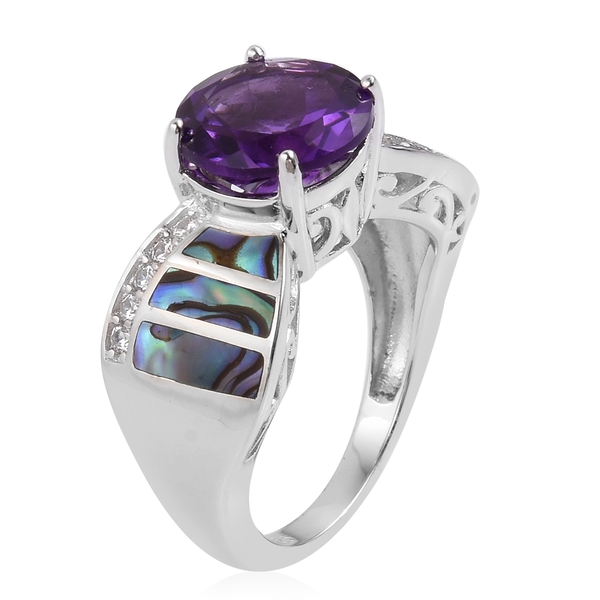 Lusaka Amethyst (Rnd 3.25 Ct), Abalone Shell and Natural White Cambodian Zircon Ring in Rhodium Plated Sterling Silver 3.930 Ct. Silver wt 5.46 Gms.