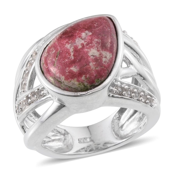 Norwegian Thulite (Pear 9.50 Ct), White Topaz Ring in Platinum Overlay Sterling Silver 10.000 Ct. Si