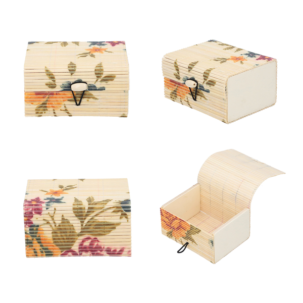 Set of 3 Floral Print Bamboo Organizer, Large (Size 12x9.5x6 Cm), Medium (Size 10x7.5x5.5 Cm) and Small (Size 8x6x4.5 Cm) - Cream