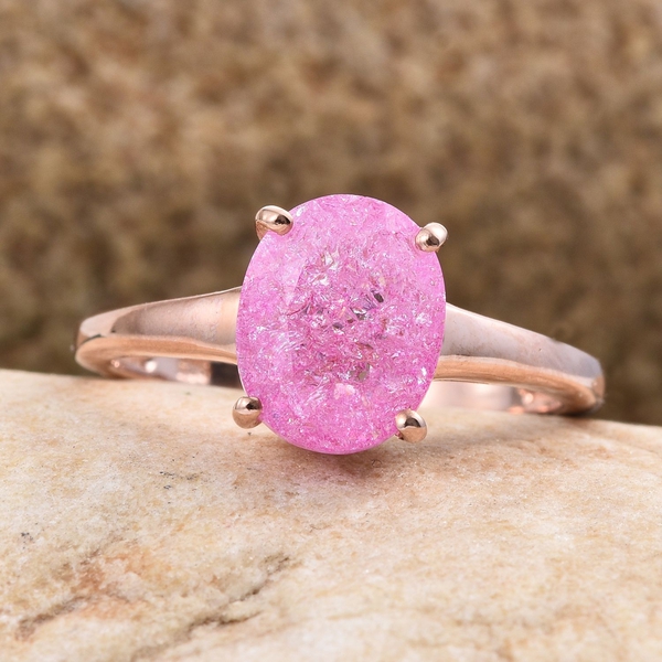 Hot Pink Crackled Quartz (Ovl) Solitaire Ring in Rose Gold Overlay Sterling Silver 2.500 Ct.