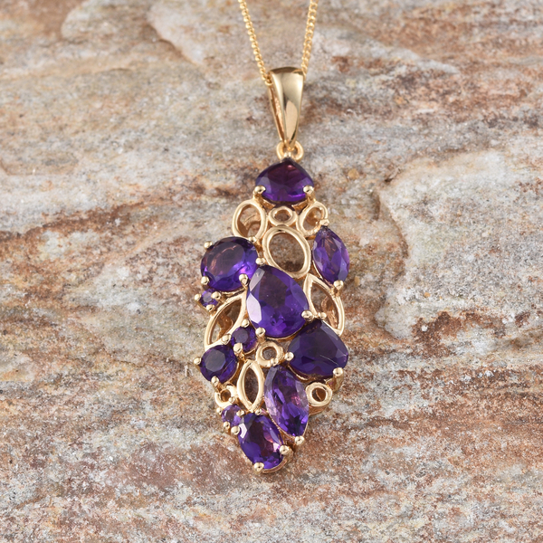 GP Amethyst (Rnd 0.65 Ct), Kanchanaburi Blue Sapphire Pendant With Chain in 14K Gold Overlay Sterling Silver 4.750 Ct.