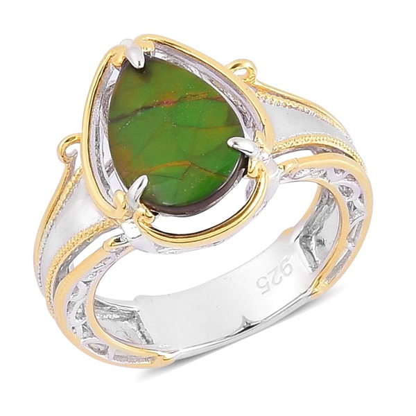Canadian Ammolite (Pear) Solitaire Ring Rhodium Plated and Yellow Gold Overlay Sterling Silver 2.250