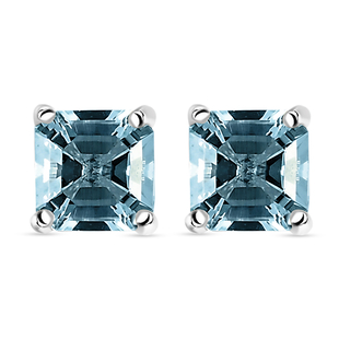 Santa Teresa Aquamarine (Asscher Cut) Stud Earrings (with Push Back) in Platinum Overlay Sterling Si