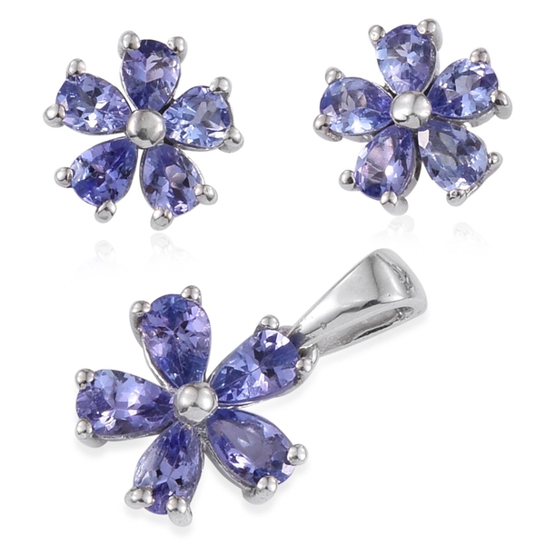Tanzanite (Pear) Floral Pendant and Floral Stud Earrings (with Push Back) in Platinum Overlay Sterli