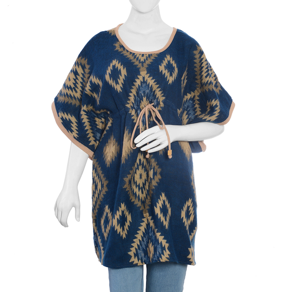 Designer Inspired -Teal Blue and Beige Colour Geometric Pattern Dress (Size 85x60 Cm)