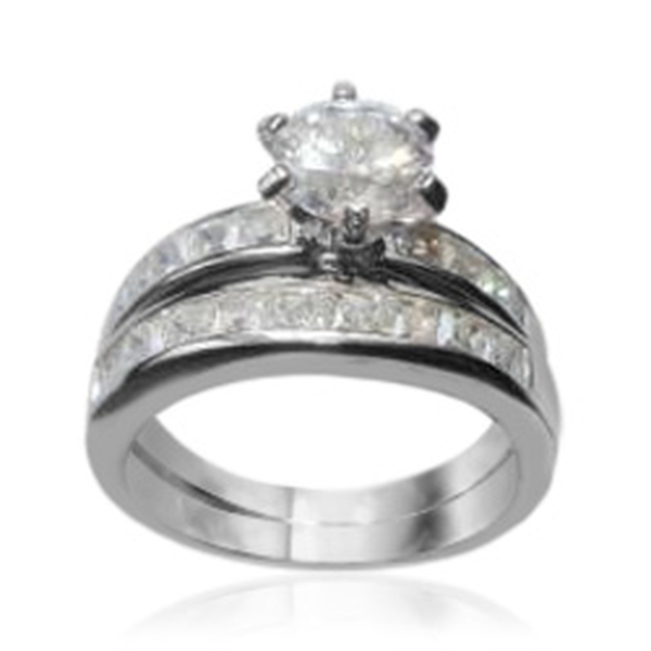 AAA Simulated Diamond (Rnd 2.00 Ct) 2 Ring Set in Rhodium Plated Sterling Silver 4.500 Ct.