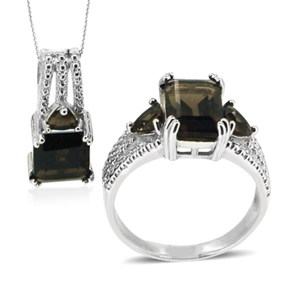 Brazilian Smoky Quartz (Oct 5.00 Ct) Ring and Pendant With Chain in Sterling Silver 9.000 Ct.