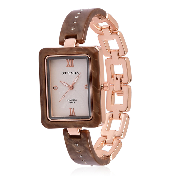 STRADA Japanese Movement White Austrian Crystal Studded Dial Watch in Rose Gold Tone with Chocolate 