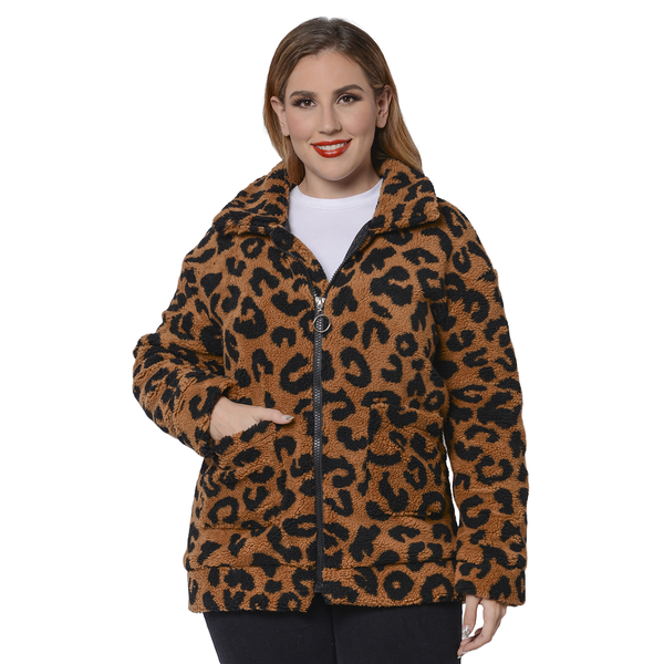 Leopard Pattern Faux Fur Coat with Pockets