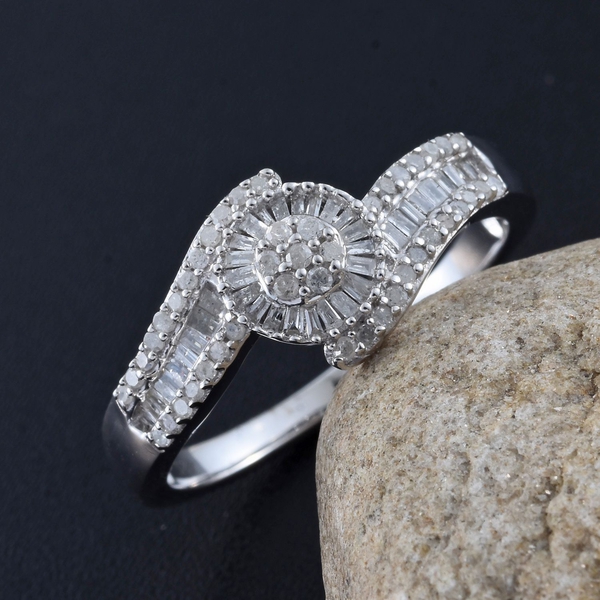Designer Inspired- Diamond (Rnd) Floral Bypass Ring in Platinum Overlay Sterling Silver 0.50 Ct.