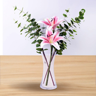 Decorative Two Heads Artificial Lily with Vase - Pink
