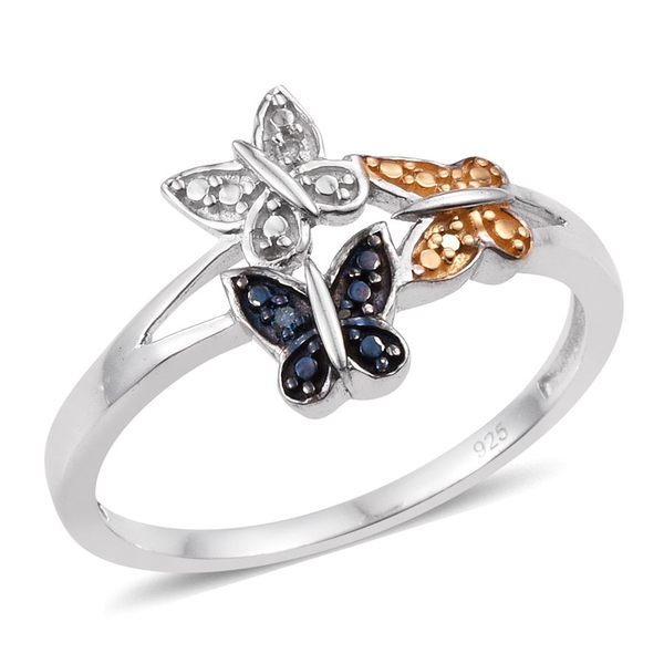 White Diamond (Rnd), Blue and Yellow Diamond Butterfly Ring in Platinum Overlay Sterling Silver