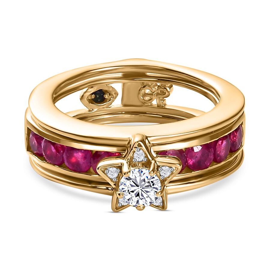 GP Celestial Collection - Set of 2 -  African Ruby & Moissanite Half -Eternity Band Ring in 18K Vermeil Yellow Gold Plated Sterling Silver 1.85 Ct.