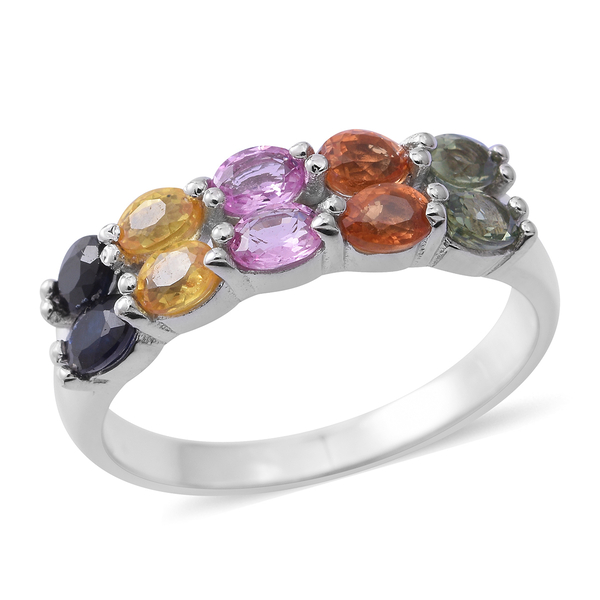 Rainbow Sapphire (Ovl) Ring in Rhodium Plated Sterling Silver 2.250 Ct.