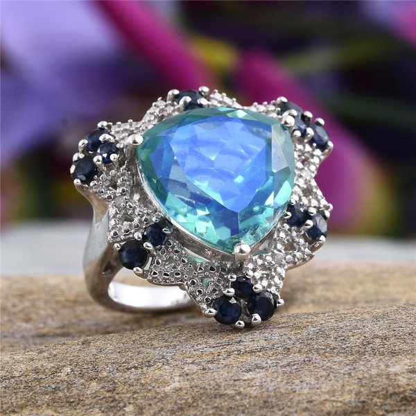 Peacock Quartz (Trl 8.75 Ct), Kanchanaburi Blue Sapphire and Diamond Ring in Platinum Overlay Sterling Silver 10.000 Ct.