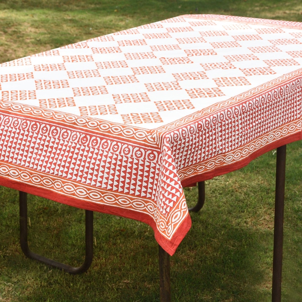 100% Cotton Orange and White Colour Hand Block Printed Table Cover (Size 235x150 Cm)
