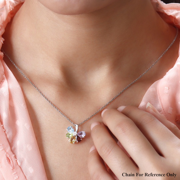 Sky Blue Topaz, Natural Hebei Peridot and Multi Gemstone Floral Pendant in Sterling Silver.