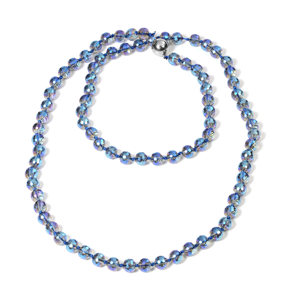 2 Piece Set - Simulated Blue AB Crystal Necklace (Size 36) with Magnetic Lock and Stretchable Bracelet (Size 7) in Stainless Steel