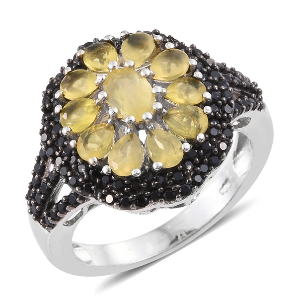 2.50 Ct Natural Canary Opal and Boi Ploi Black Spinel Floral Ring in Platinum Plated Silver