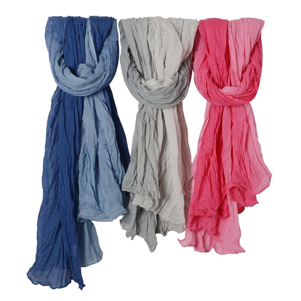 Set of 3 - 100% Cotton Light Blue, Grey, Off White and Pink Colour Scarf (Size 175x110 Cm)