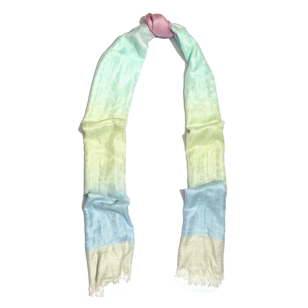 Turquoise, Pink and Multi Colour Floral Pattern Reversible Scarf with Fringes (Size 180X70 Cm)