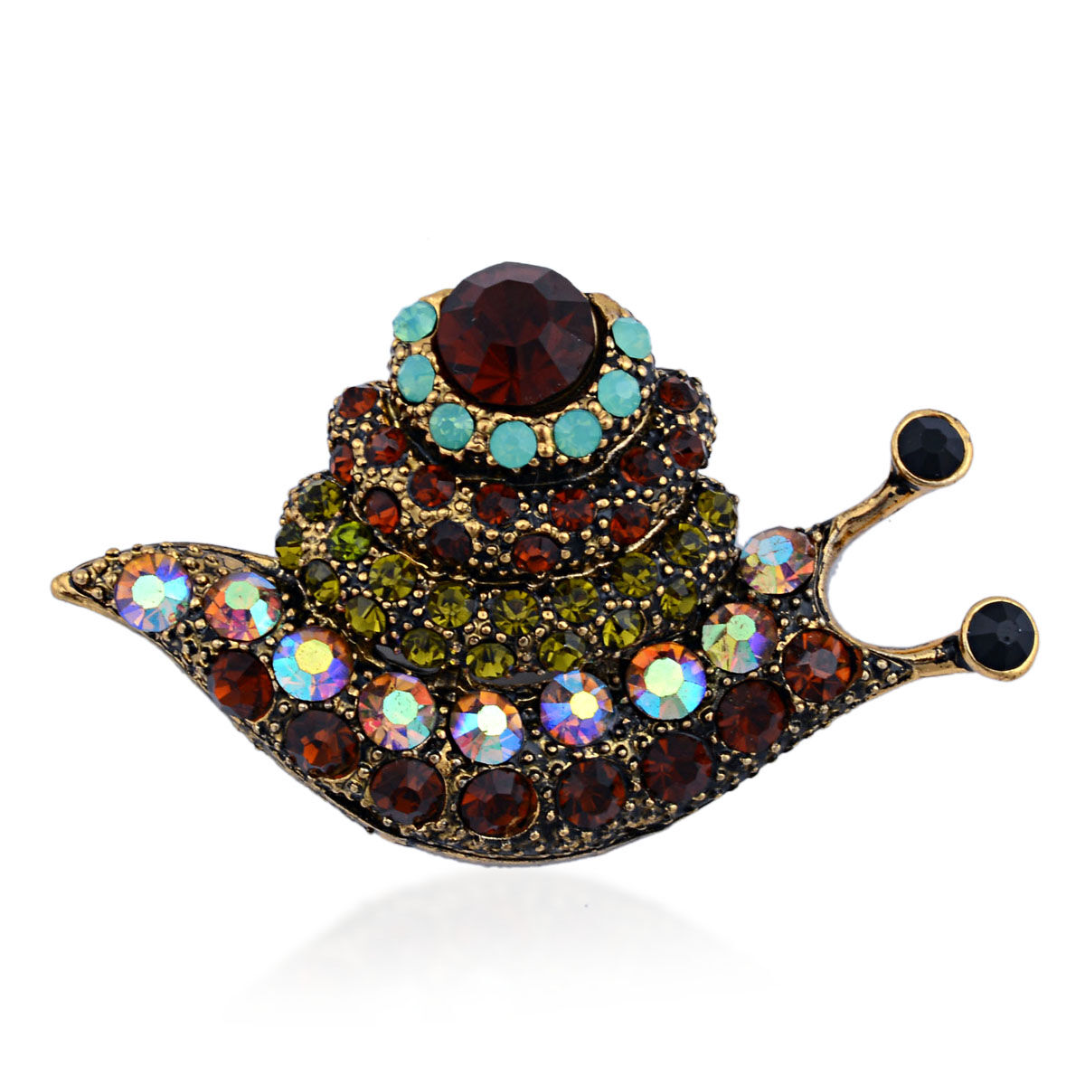 Brown Glass and Multi Colour Austrian Crystal Snail Brooch in Black Tone