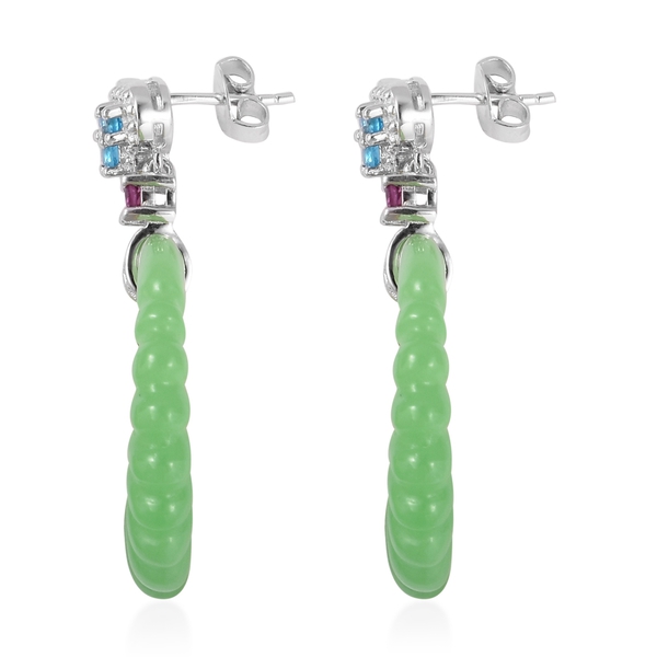 Carved Green Jade, Blue Apatite and Rhodolite Garnet Earrings (with Push Back) in Rhodium and Rose Gold Overlay Sterling Silver 32.500 Ct.