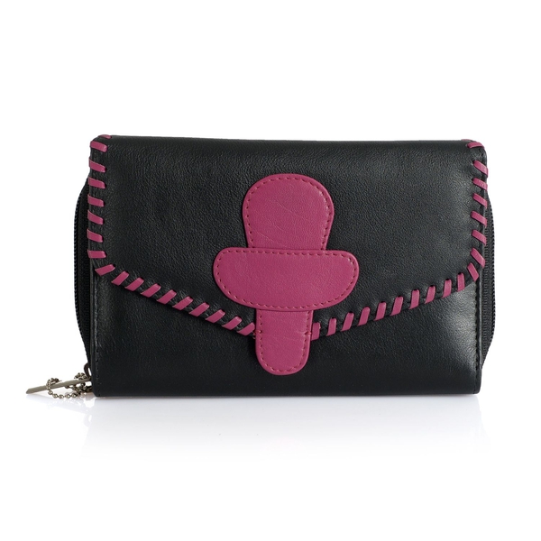 Luxury Top Grain Genuine Leather RFID Blocker Braided Black and Fuchsia Colour Ladies Wallet (Size 1