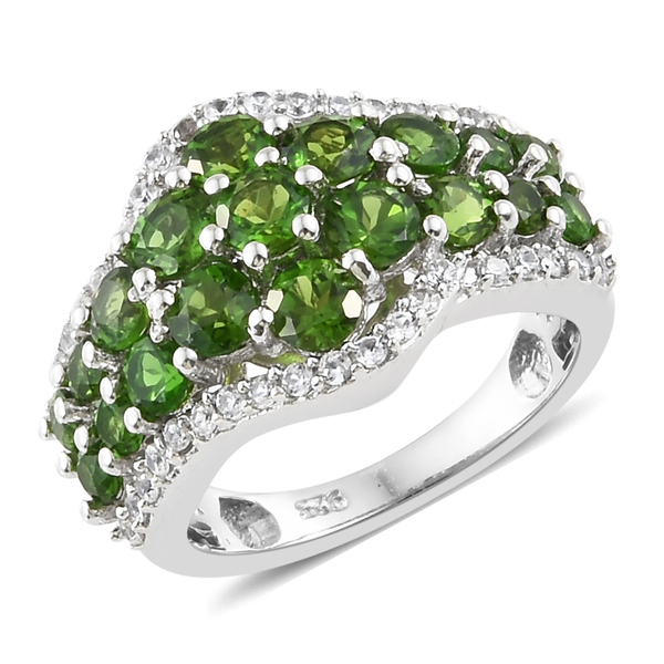 2.75 Ct  Diopside and Natural Cambodian Zircon Cluster Ring in Platinum Plated Silver
