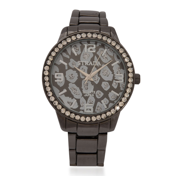 STRADA Japanese Movement Leopard Dial White Austrian Crystal Watch in Black Tone Strap
