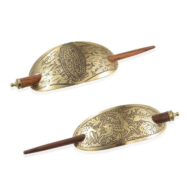 Set of 2 - Jewels of India Fish and Deer Engraved Hair Clips