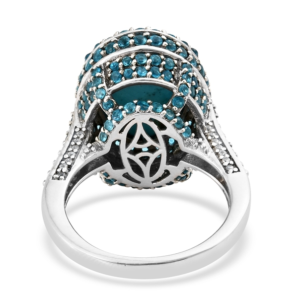 Arizona Sleeping Beauty Turquoise (Ovl 8.50 Ct), Malgache Neon Apatite and Natural Cambodian Zircon Ring in Platinum Overlay Sterling Silver 12.000 Ct, Silver wt 8.50 Gms.