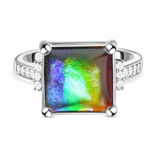 Ammolite and Natural Cambodia Zircon Ring in Platinum Overlay Sterling Silver 3.12 Ct.