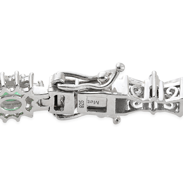 Kagem Zambian Emerald (Ovl), White Topaz Halo Bracelet (Size 7.5) in Platinum Overlay Sterling Silver 8.500 Ct, Silver wt 14.04 Gms, Number of Gemstone 152