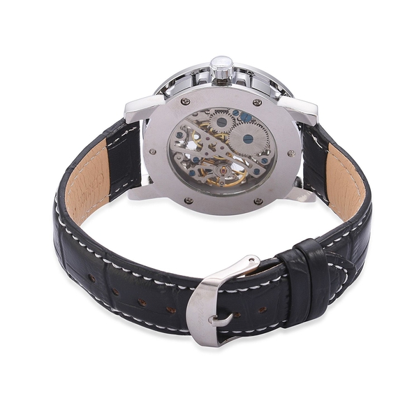 GENOA Automatic Skeleton White Dial Water Resistant Watch in ION Plated Silver with Stainless Steel Back and Black Strap