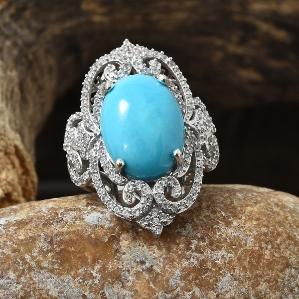 Extremely Rare- Arizona Sleeping Beauty Turquoise (Ovl 18X13), Natural White Cambodian Zircon Cluster Ring in Platinum Overlay Sterling Silver 10.500 Ct, Silver wt 8.73 Gms, Number of Gemstones -157.