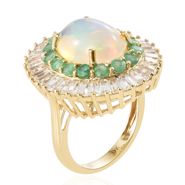 Signature Collection-9K Yellow Gold AA Ethiopian Welo Opal (Ovl 13x10 mm),Natural Cambodian Zircon and Kagem Zambian Emerald Ring 7.000 Ct