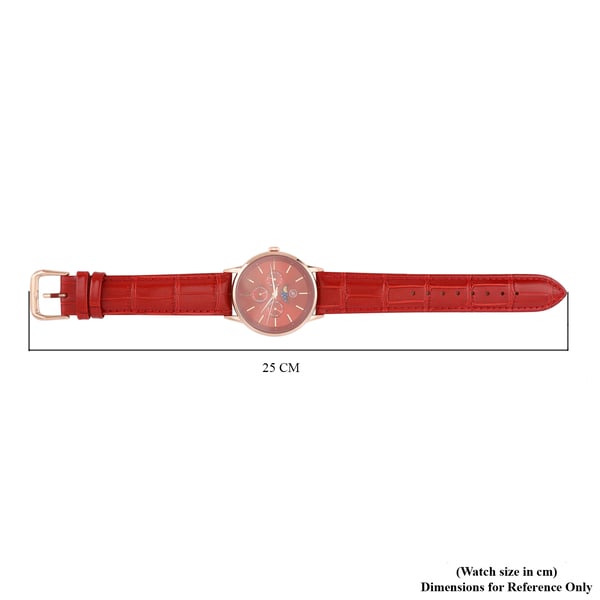 GENOA Japanese Movement Red Dial 5 ATM Water Resistant Watch with Red Leather Strap in Stainless Steel