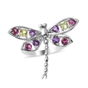 LucyQ Dragonfly Collection - Rhodolite Garnet, Natural Hebei Peridot & Amethyst Ring in Rhodium Over