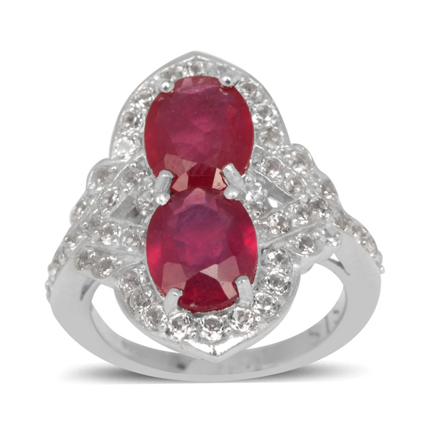 African Ruby (Ovl), White Topaz Ring in Rhodium Plated Sterling Silver 7.060 Ct.