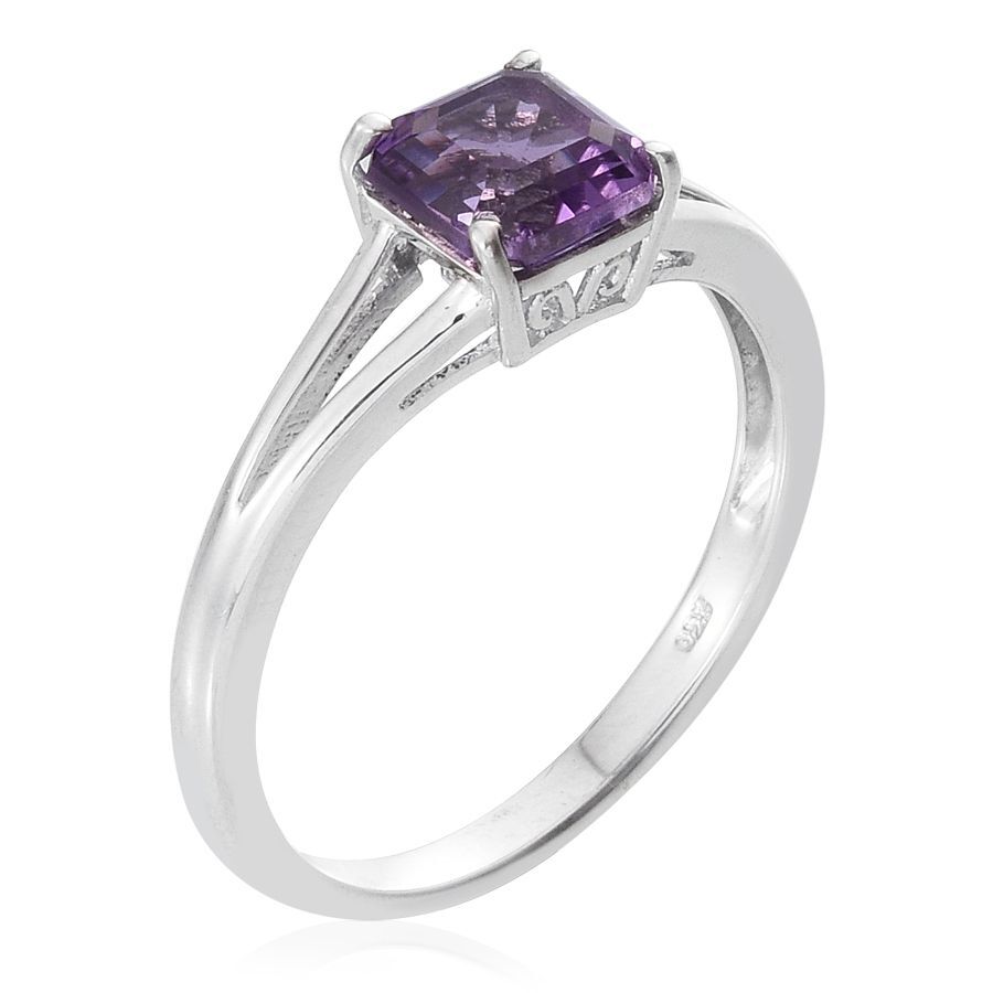 Asscher Cut Amethyst (Oct) Solitaire Ring in Platinum Overlay Sterling Silver 1.750 Ct.
