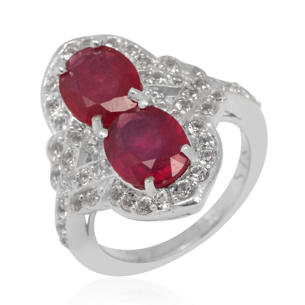 African Ruby (Ovl), White Topaz Ring in Rhodium Plated Sterling Silver 7.060 Ct.