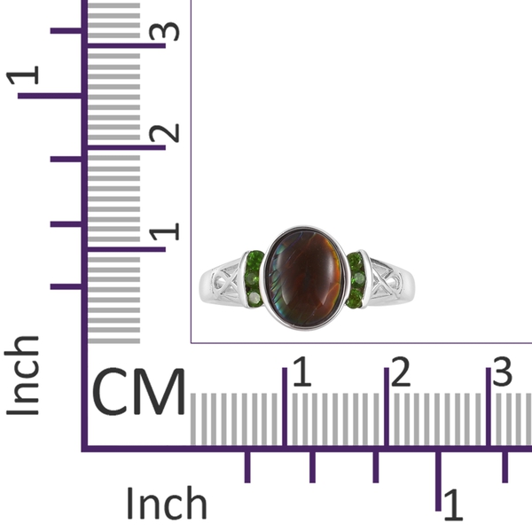 AA Canadian Ammolite (Ovl 9x7mm), Chrome Diopside Ring in Rhodium Plated Sterling Silver 1.800 Ct.