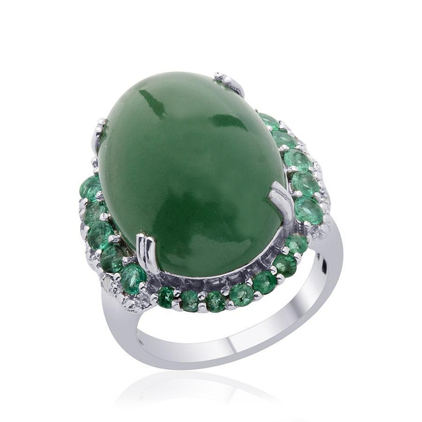 Emerald Quartz (Ovl 19.00 Ct) Kagem Zambian Emerald and Diamond Ring in Platinum Overlay Sterling Si