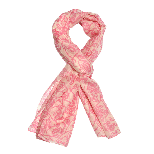 100% Mulberry Silk Pink Colour Floral Pattern White Colour Scarf (Size 180x100 Cm)
