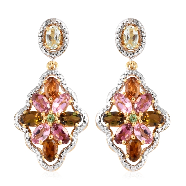 Rainbow Tourmaline (Ovl and Rnd), Diamond Floral Earrings (with Push Back) in 14K Gold Overlay Sterl