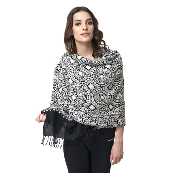 100% Wool Embroidered Black and White Colour Shawl with Sequins (Size 195x70 Cm)